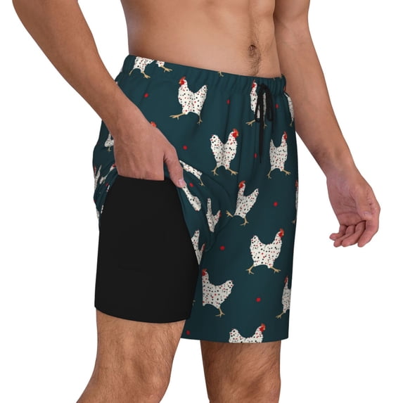 Uemuo Funny Chicken Pattern Mens Swim Trunks Quick Dry Board Shorts with Mesh Lining, Stretch Beach Shorts Quick Dry No-Chafing Board Shorts-3X-Large