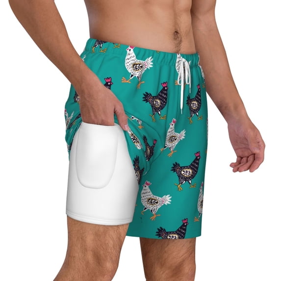 Uemuo Funny Chicken Pattern Mens Swim Trunks Quick Dry Board Shorts with Mesh Lining, Stretch Beach Shorts Quick Dry No-Chafing Board Shorts-3X-Large