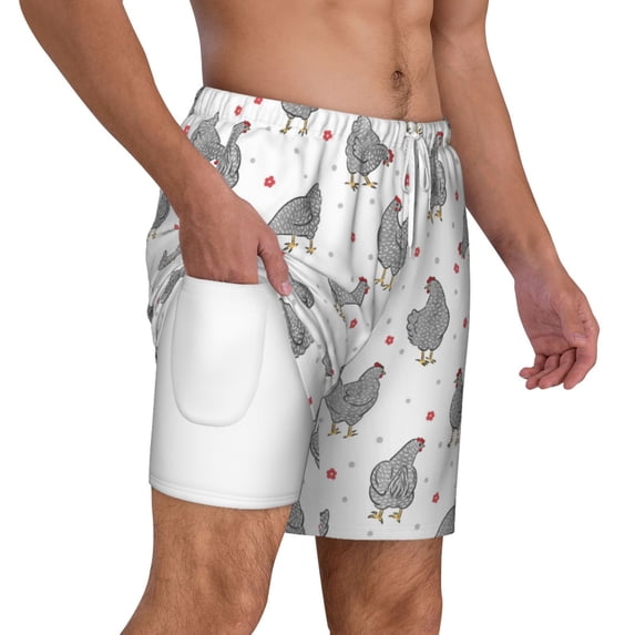 Uemuo Funny Chicken Pattern Mens Swim Trunks Quick Dry Board Shorts with Mesh Lining, Stretch Beach Shorts Quick Dry No-Chafing Board Shorts-Large