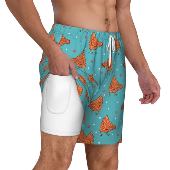 Uemuo Funny Chicken Pattern Mens Swim Trunks Quick Dry Board Shorts with Mesh Lining, Stretch Beach Shorts Quick Dry No-Chafing Board Shorts-Medium