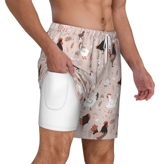 Uemuo Funny Chicken Pattern Mens Swim Trunks Quick Dry Board Shorts with Mesh Lining, Stretch Beach Shorts Quick Dry No-Chafing Board Shorts-Small