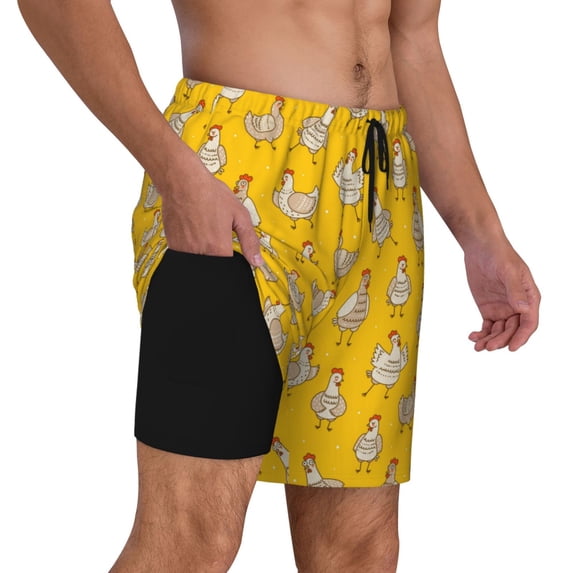 Uemuo Funny Chicken Pattern Mens Swim Trunks Quick Dry Board Shorts with Mesh Lining, Stretch Beach Shorts Quick Dry No-Chafing Board Shorts-Small