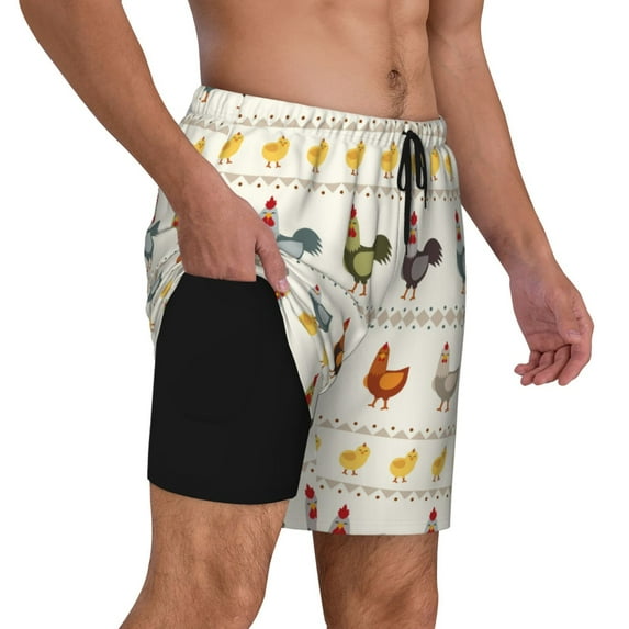 Uemuo Funny Chicken Pattern Mens Swim Trunks Quick Dry Board Shorts with Mesh Lining, Stretch Beach Shorts Quick Dry No-Chafing Board Shorts-Small