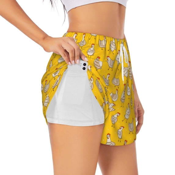 Uemuo Funny Chicken Pattern Women's Athletic Shorts High Waisted Running Shorts with Liner Pockets Gym Elastic Workout Shorts-Large