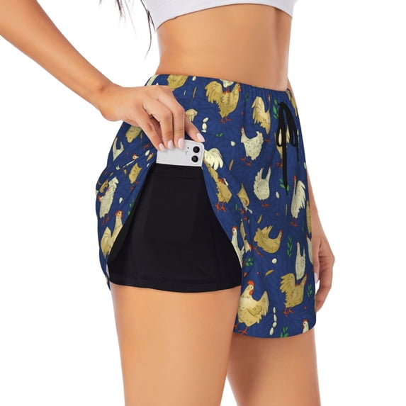 Uemuo Funny Chicken Pattern Women's Athletic Shorts High Waisted Running Shorts with Liner Pockets Gym Elastic Workout Shorts-Small