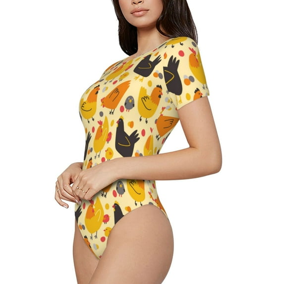 Uemuo Funny Chicken Pattern Women's One Piece Short Sleeve Swimsuit Rash Guard Surfing Modest Quick-drying Swimsuit Beach Essentials-X-Large