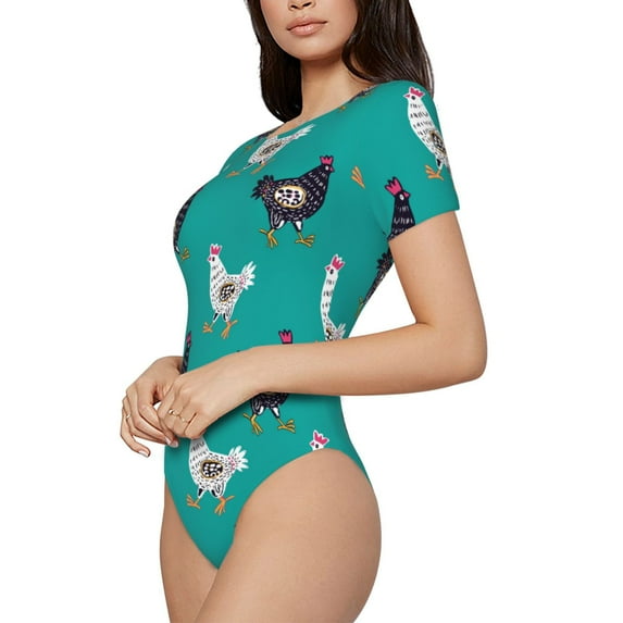 Uemuo Funny Chicken Pattern Women's One Piece Short Sleeve Swimsuit Rash Guard Surfing Modest Quick-drying Swimsuit Beach Essentials-