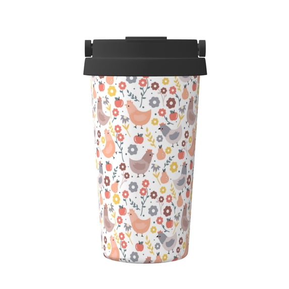 Uemuo Funny Chicken Print Carry Insulated Coffee Mug, Travel Mug with Hidden Handle, Insulated Coffee Flask, Leak-proof Travel Mug Insulated Mug for Office