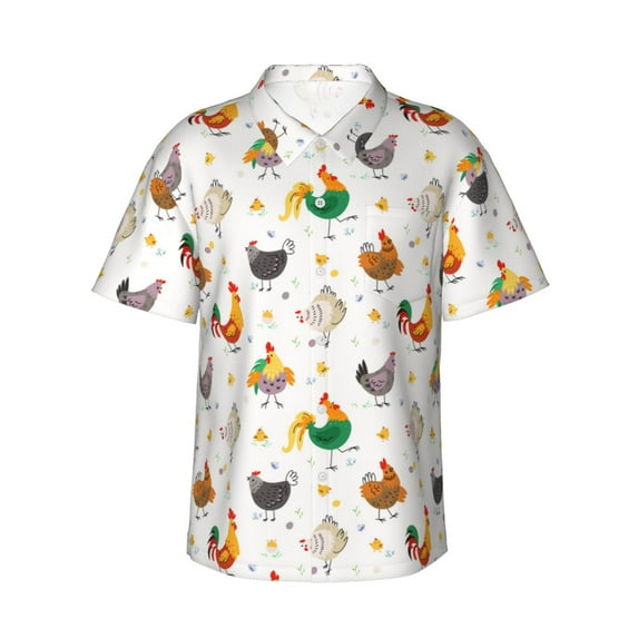 Uemuo Funny Chicken Printed Regular Fit Short Sleeve Casual Hawaiian Shirt for Men,Aloha shirt,Tropical shirt,Floral print shirt,Vacation Beach shirt-Large