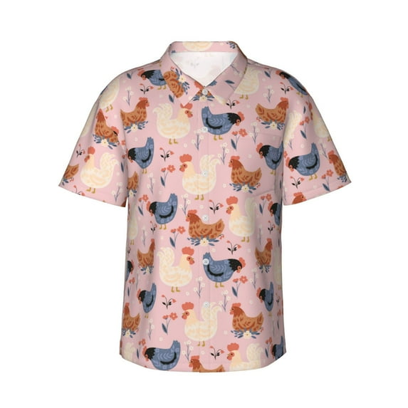 Uemuo Funny Chicken Printed Regular Fit Short Sleeve Casual Hawaiian Shirt for Men,Aloha shirt,Tropical shirt,Floral print shirt,Vacation Beach shirt-X-Large