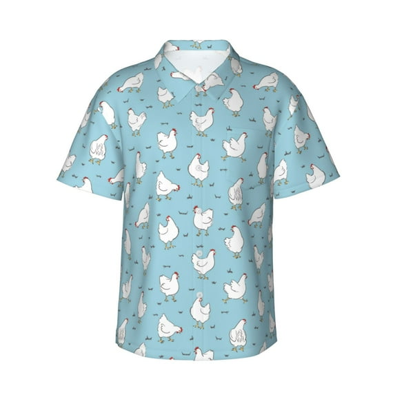 Uemuo Funny Chicken Printed Regular Fit Short Sleeve Casual Hawaiian Shirt for Men,Aloha shirt,Tropical shirt,Floral print shirt,Vacation Beach shirt-XX-Large