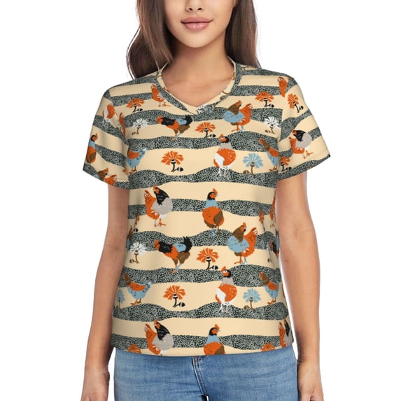 Uemuo Funny Chicken Printed Women's Classic V-Neck T-Shirt - Soft, Breathable, Moisture-Wicking, Perfect for Casual, Office, Travel, and Everyday Wear-Large