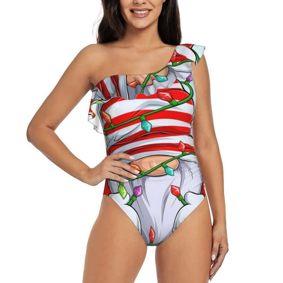 Uemuo Funny Christmas Gnome Print Women's One Piece Swimsuit Asymmetrical Neck Bathing Suit One Shoulder Side Cutout Ruffle Swimwear-XX-Large