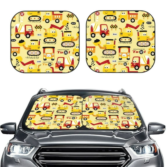 Uemuo Funny Construction Vehicles Printed 2 PCS Car Windshield Sun Shade, Auto Sun Heat and UV Rays Blocker, Foldable Automotive Front Window Sunshade Protector
