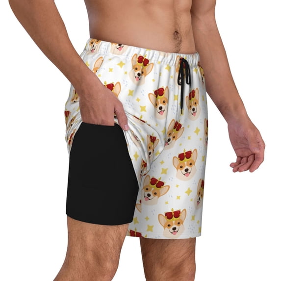 Uemuo Funny Corgi Pattern Mens Swim Trunks Quick Dry Board Shorts with Mesh Lining, Stretch Beach Shorts Quick Dry No-Chafing Board Shorts-