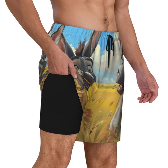 Uemuo Funny Countryside Donkey Pattern Mens Swim Trunks Quick Dry Board Shorts with Mesh Lining, Stretch Beach Shorts Quick Dry No-Chafing Board Shorts-Large