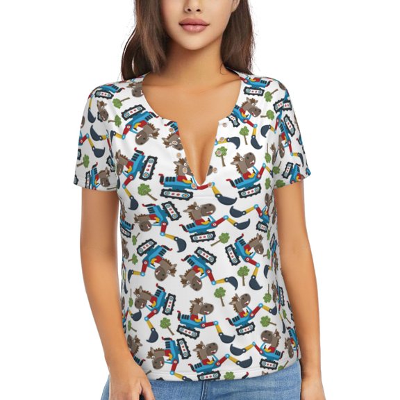 Uemuo Funny Excavator Drawing Women's Deep V-Neck Low Cut Tops - Casual Loose Fit with Stainless Steel Loop, Soft, Breathable, Perfect for Office, Travel, and Daily Wear-Small