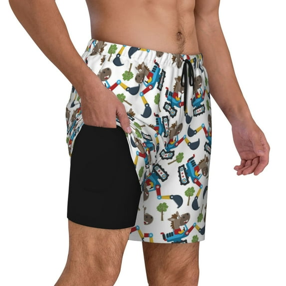 Uemuo Funny Excavator Pattern Mens Swim Trunks Quick Dry Board Shorts with Mesh Lining, Stretch Beach Shorts Quick Dry No-Chafing Board Shorts-XX-Large