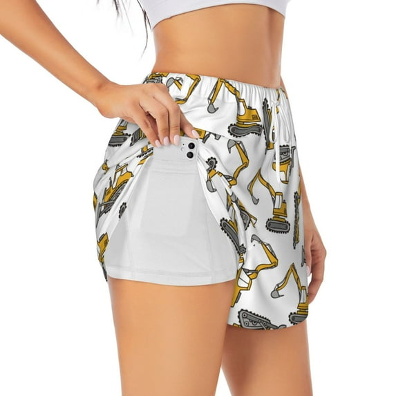 Uemuo Funny Excavator Pattern Women's Athletic Shorts High Waisted Running Shorts with Liner Pockets Gym Elastic Workout Shorts-X-Large