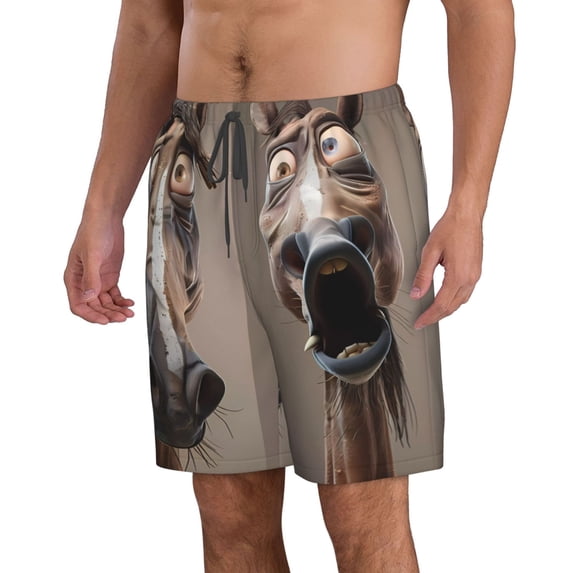Uemuo Funny Horse Faces Expressions Pattern Men's Swim Trunks Hawaiian Beach Bathing Suit Swimsuits Beach Quick-Dry Shorts with Pockets-Small