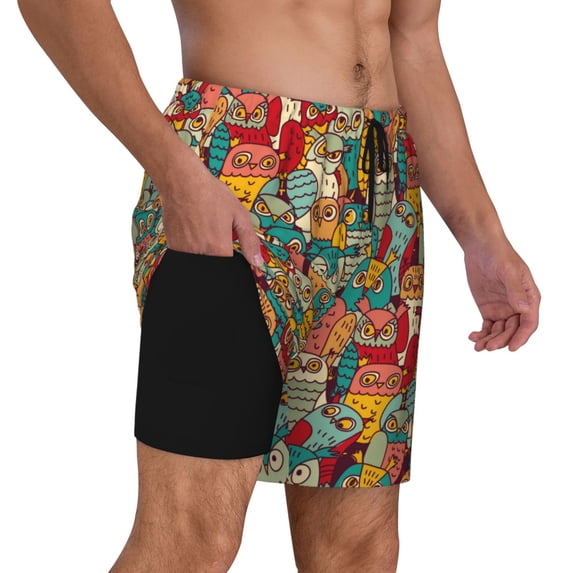 Uemuo Funny Owl Bird Pattern Mens Swim Trunks Quick Dry Board Shorts with Mesh Lining, Stretch Beach Shorts Quick Dry No-Chafing Board Shorts-X-Large