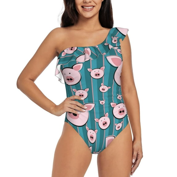 Uemuo Funny Pig Faces Print Women's One Piece Swimsuit Asymmetrical Neck Bathing Suit One Shoulder Side Cutout Ruffle Swimwear-Medium