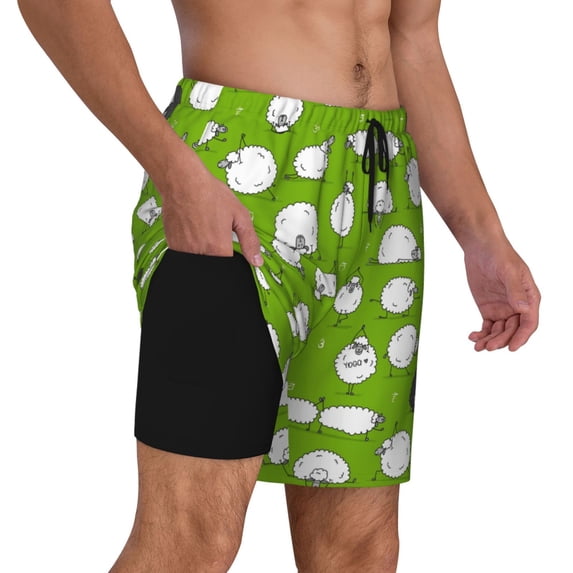 Uemuo Funny Sheep Doing Yoga Pattern Mens Swim Trunks Quick Dry Board Shorts with Mesh Lining, Stretch Beach Shorts Quick Dry No-Chafing Board Shorts-