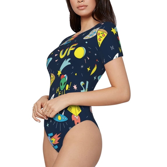Uemuo Funny Spaceships Pattern Women's One Piece Short Sleeve Swimsuit Rash Guard Surfing Modest Quick-drying Swimsuit Beach Essentials-X-Large
