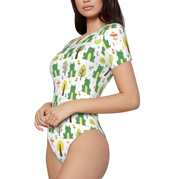 Uemuo Funny Toad Pattern Women's One Piece Short Sleeve Swimsuit Rash Guard Surfing Modest Quick-drying Swimsuit Beach Essentials-Medium