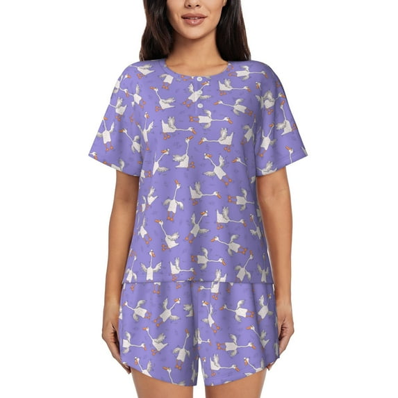 Uemuo Funny goose birds Pattern Women's Short-Sleeved Pajama, Button-Front Loungewear, 2-Piece Summer Sleepwear, Elastic Drawstring Shorts-Medium