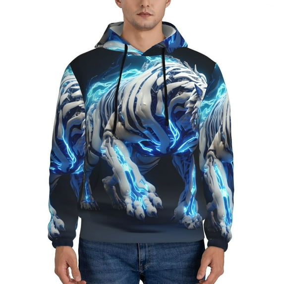 Uemuo Futuristic Blue Light White Tiger Pattern Men's Hoodie - Casual Pullover Hoodie with Kangaroo Pocket, Stylish Hooded Sweatshirt for Everyday Wear-X-Large
