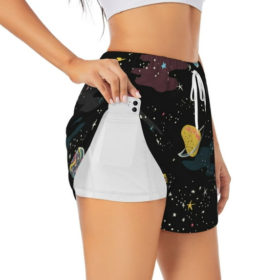 Uemuo Galaxy Pattern Women's Athletic Shorts High Waisted Running Shorts with Liner Pockets Gym Elastic Workout Shorts-Large