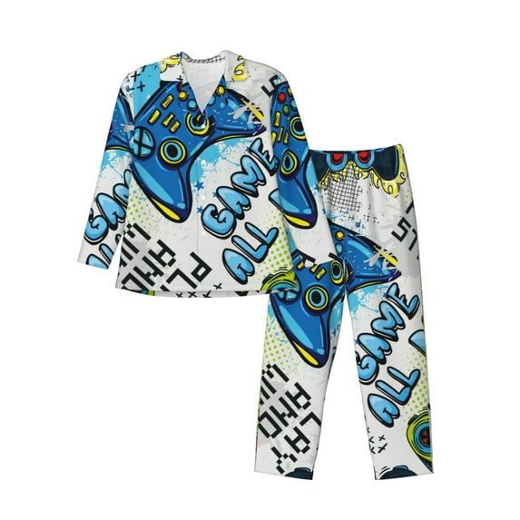 Uemuo Game All Day Pattern 2-Piece Loungewear Set - Men’s Soft Sleepwear, Cozy Winter PJs, Comfy Sleep Set-