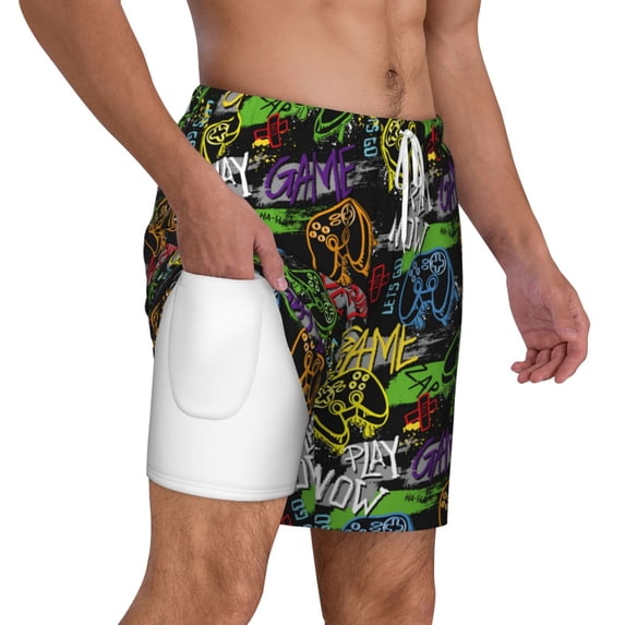 Uemuo Game Joysticks Pattern Mens Swim Trunks Quick Dry Board Shorts with Mesh Lining, Stretch Beach Shorts Quick Dry No-Chafing Board Shorts-Small