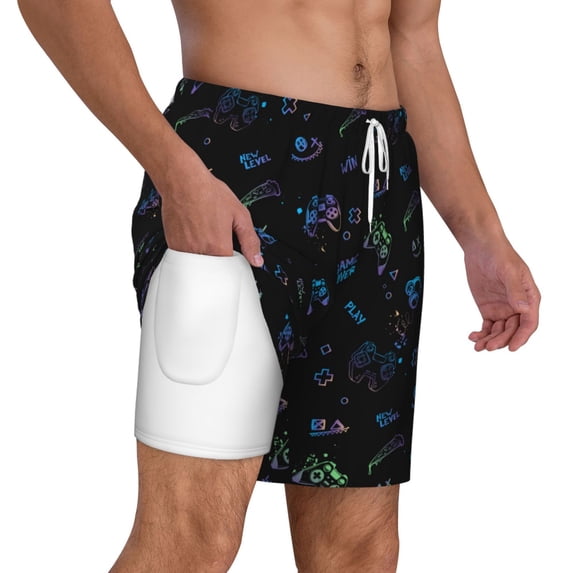 Uemuo Gamepads Pattern Mens Swim Trunks Quick Dry Board Shorts with Mesh Lining, Stretch Beach Shorts Quick Dry No-Chafing Board Shorts-Large