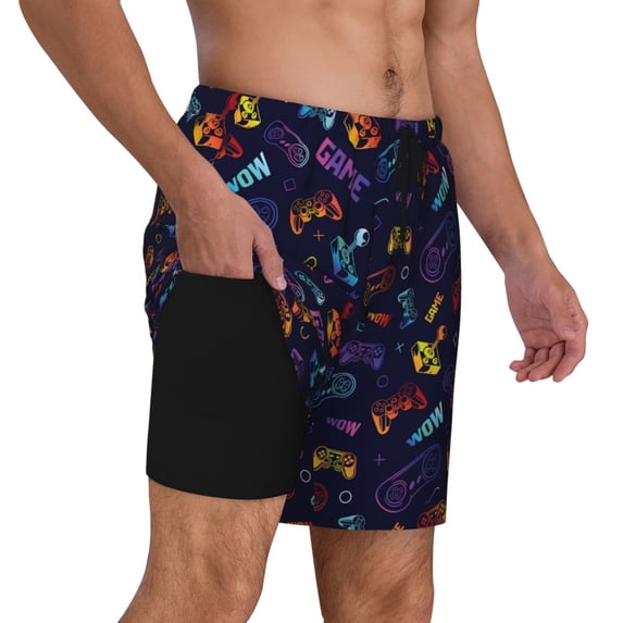 Uemuo Games Pattern Mens Swim Trunks Quick Dry Board Shorts with Mesh Lining, Stretch Beach Shorts Quick Dry No-Chafing Board Shorts-Small