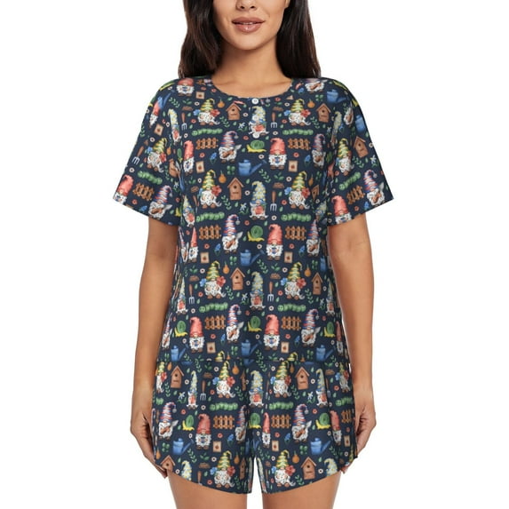 Uemuo Garden Gnomes Pattern Women's Short-Sleeved Pajama, Button-Front Loungewear, 2-Piece Summer Sleepwear, Elastic Drawstring Shorts-Large