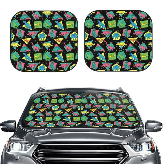 Uemuo Geometric Dinosaur Printed 2 PCS Car Windshield Sun Shade, Auto Sun Heat and UV Rays Blocker, Foldable Automotive Front Window Sunshade Protector