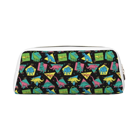 Uemuo Geometric Dinosaur Printed Leather Pencil Case, Pencil Pouch, Portable Pencil Bag, Pen Case for& Office