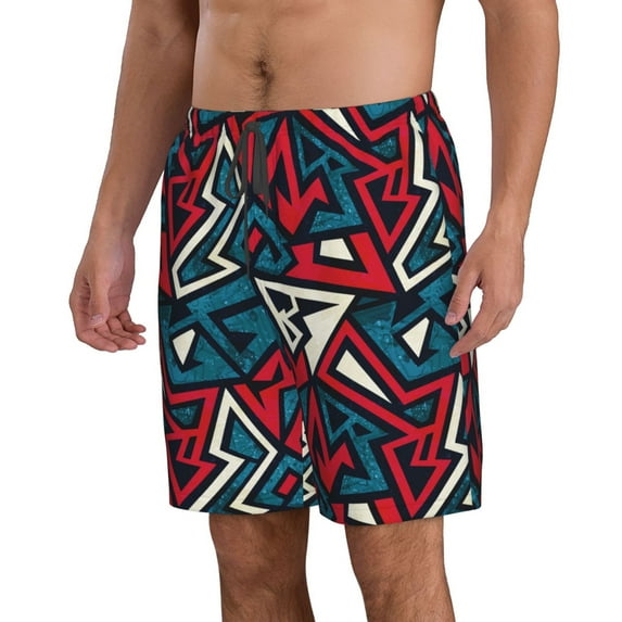 Uemuo Geometric Elements Pattern Men's Swim Trunks Hawaiian Beach Bathing Suit Swimsuits Beach Quick-Dry Shorts with Pockets-Small