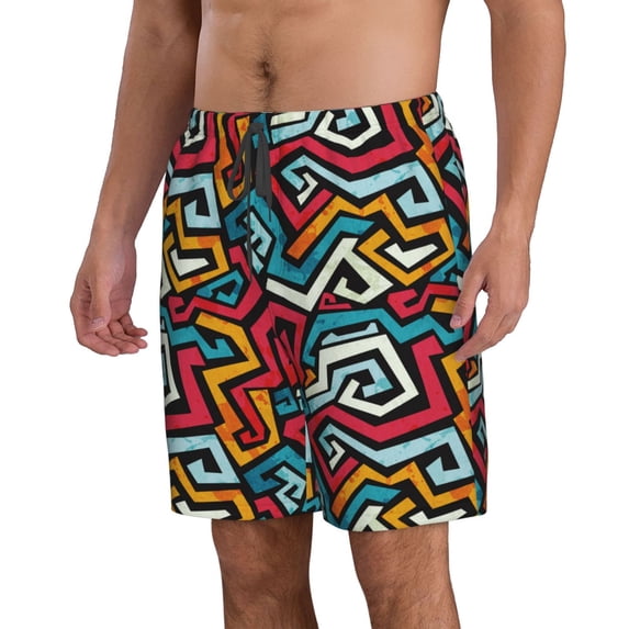 Uemuo Geometry Pattern Men's Swim Trunks Hawaiian Beach Bathing Suit Swimsuits Beach Quick-Dry Shorts with Pockets-X-Large