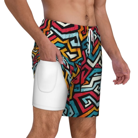 Uemuo Geometry Pattern Mens Swim Trunks Quick Dry Board Shorts with Mesh Lining, Stretch Beach Shorts Quick Dry No-Chafing Board Shorts-XX-Large