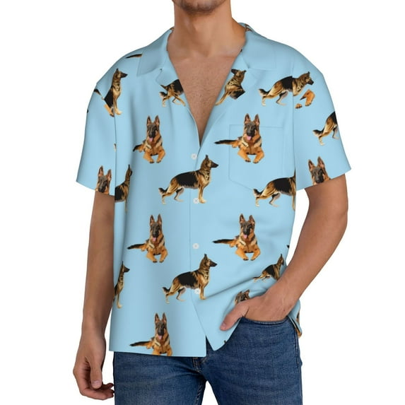 Uemuo German Shepherd Dog Pattern Cotton Linen Short Sleeve Shirts,Casual Lightweight Button Down Shirts,Vacation Beach Summer Tops-Large