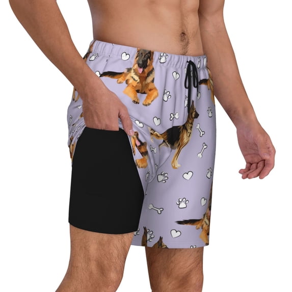 Uemuo German Shepherd Dog Pattern Mens Swim Trunks Quick Dry Board Shorts with Mesh Lining, Stretch Beach Shorts Quick Dry No-Chafing Board Shorts-X-Large