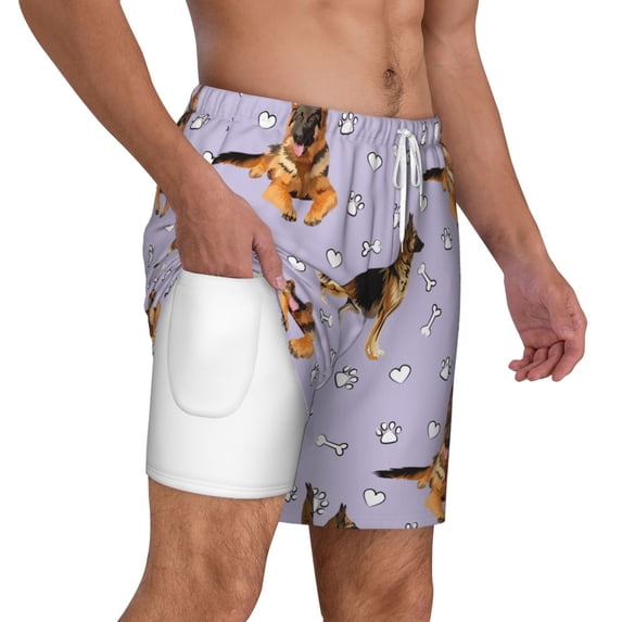 Uemuo German Shepherd Dog Pattern Mens Swim Trunks Quick Dry Board Shorts with Mesh Lining, Stretch Beach Shorts Quick Dry No-Chafing Board Shorts-Large