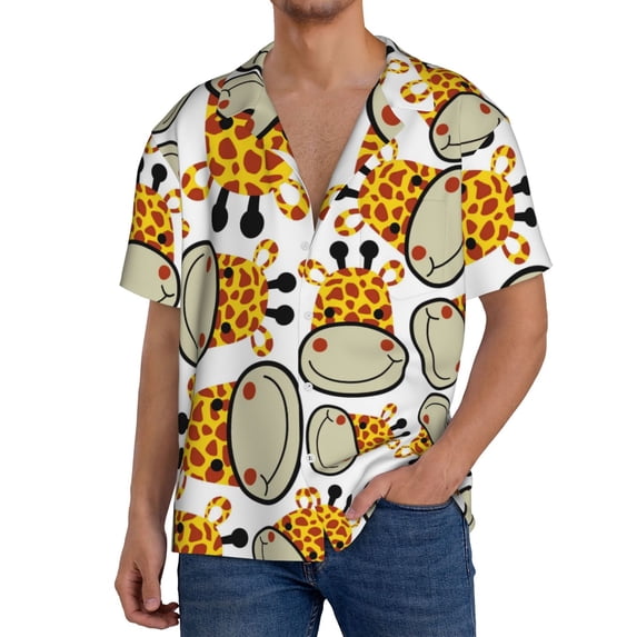 Uemuo Giraffes Head Pattern Cotton Linen Short Sleeve Shirts,Casual Lightweight Button Down Shirts,Vacation Beach Summer Tops-4X-Large