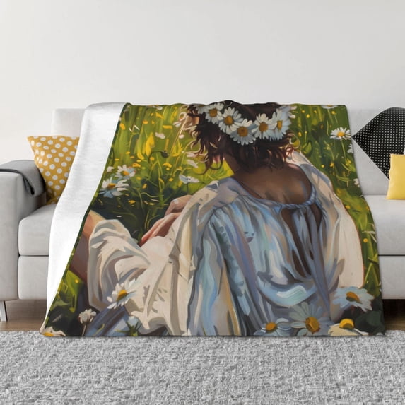 Uemuo Girl In Field Of Daisies Printed Throw Blanket for Couch, Fluffy Fuzzy Blankets for Bed, Sofa, Cozy Flannel Faux Fur Blanket-60"x50"