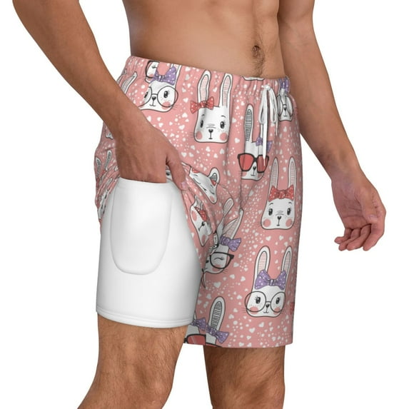Uemuo Girl Rabbit Pattern Mens Swim Trunks Quick Dry Board Shorts with Mesh Lining, Stretch Beach Shorts Quick Dry No-Chafing Board Shorts-3X-Large