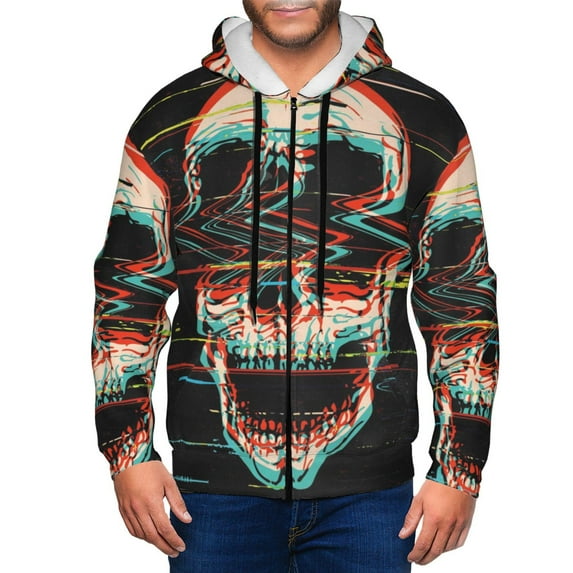 Uemuo Glitch Screaming Skull for Men's Fashion Full-zip Hoodies & Sweatshirts with Kangaroo Pocket, Zip-up Hooded Sweatshirt, Moisture Wicking & Breathable-Small