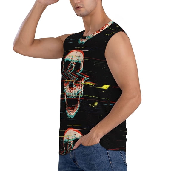 Uemuo Glitch Screaming Skull Pattern Men's Sleeveless T-Shirt,Muscle Athletic Tank Top, Moisture-wicking Quick-dry Breathable Classic Tee Top for Gym Run Outdoor Sports-X-Large